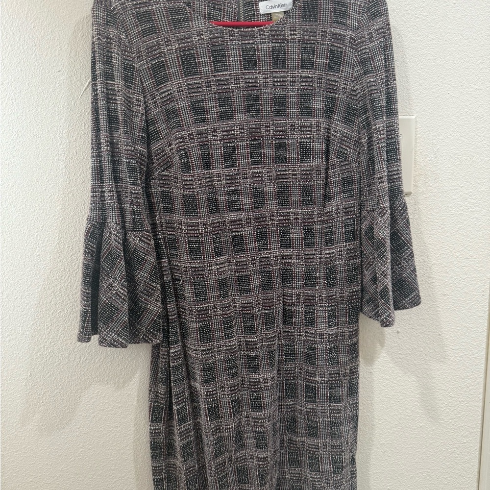 Calvin Klein Gray Plaid Long Sleeve Dress